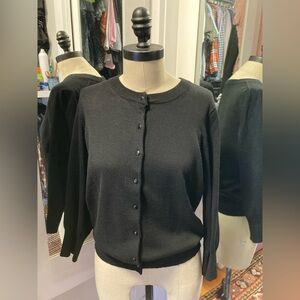 Grace Black Button-Front Crewneck 3/5 Sleeve Cardigan, Size Large